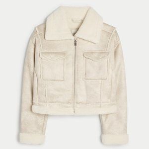 CROP FAUX SHEARLING BIKER JACKET